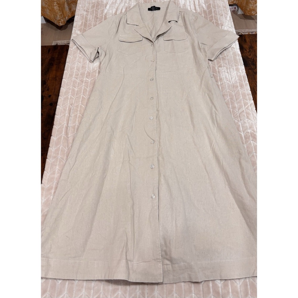 Tahari XL Linen Blend Beige Belted Utility Shirt Dress Short Sleeve Cuffed - Picture 12 of 16